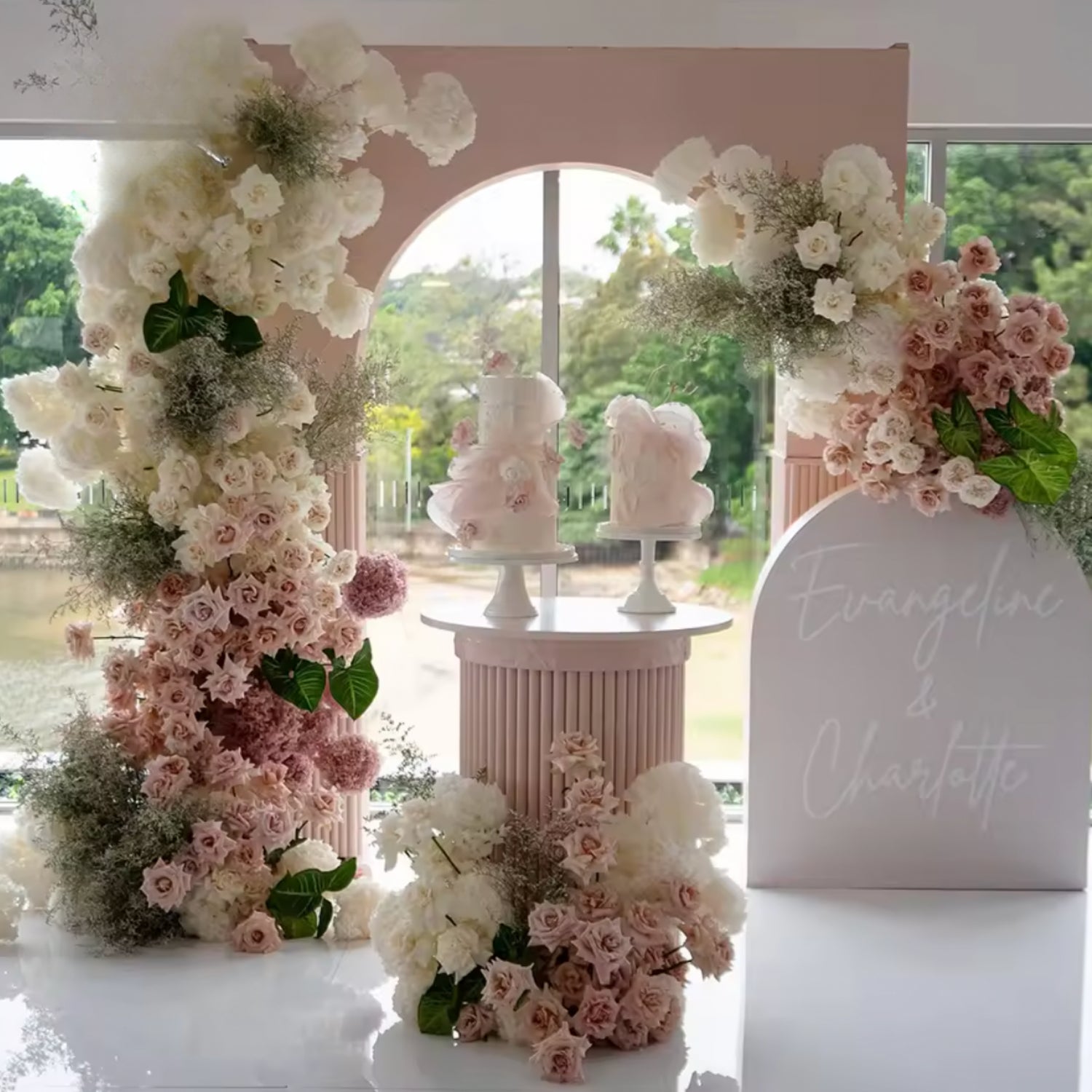 White Cream, Pink Blush and Greenery Premium Floral Flower Arch - 4548