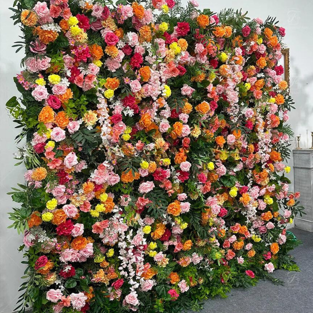 Dripping Orange, Yellow and Pink Premium Greenery Flower Wall - 207