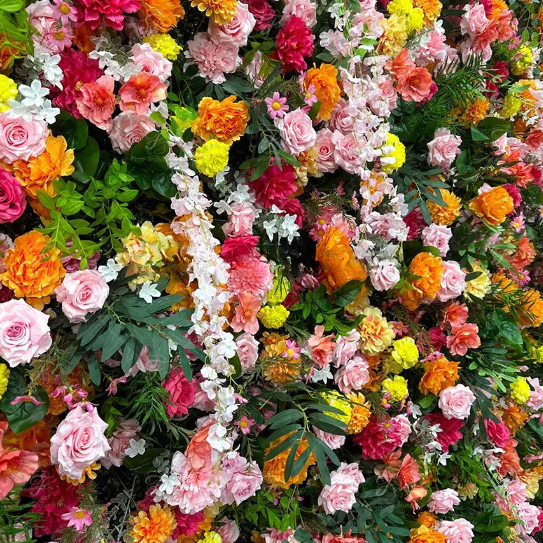 Dripping Orange, Yellow and Pink Premium Greenery Flower Wall - 207