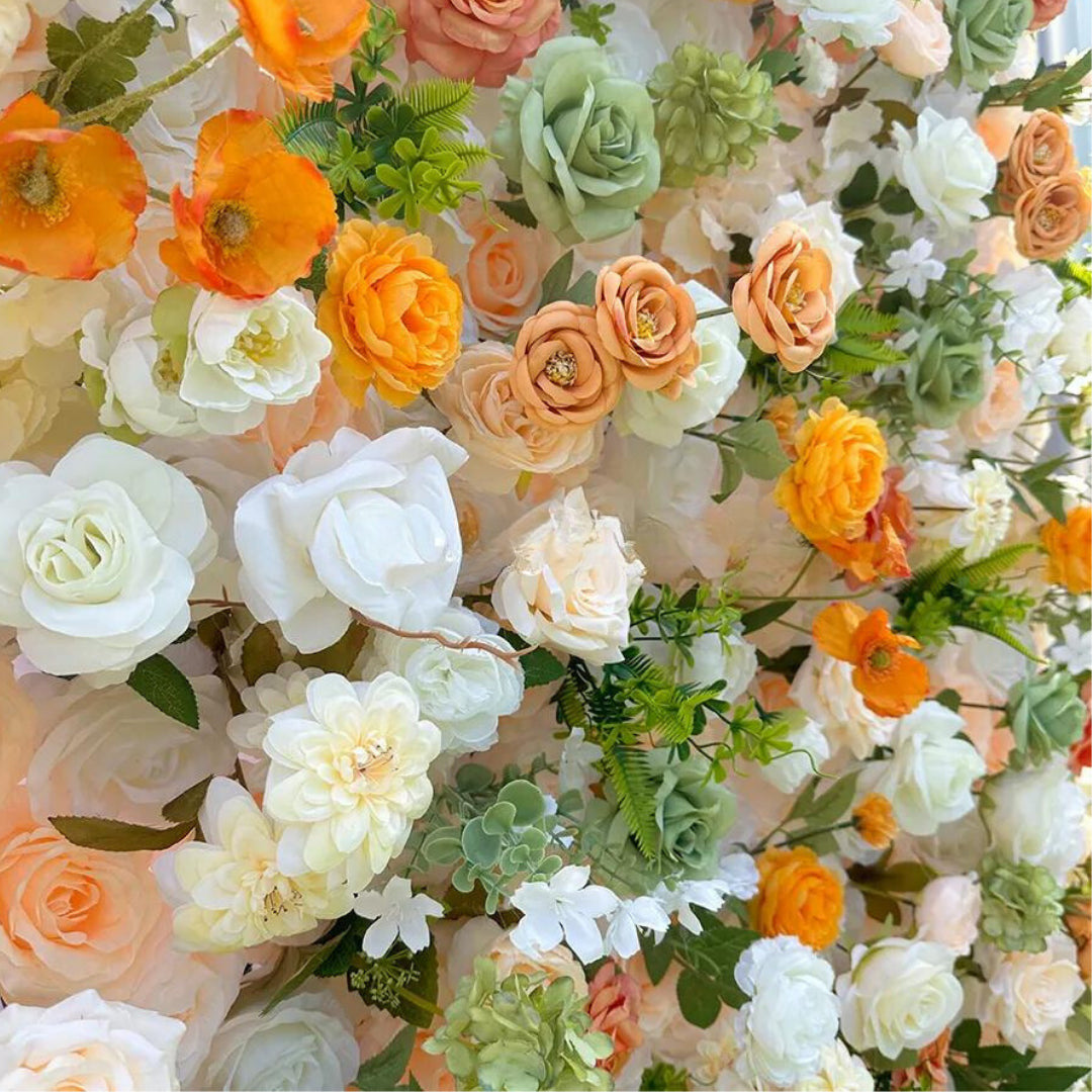 Orange, Green and White Ivory Rose Premium Flower Wall - 194