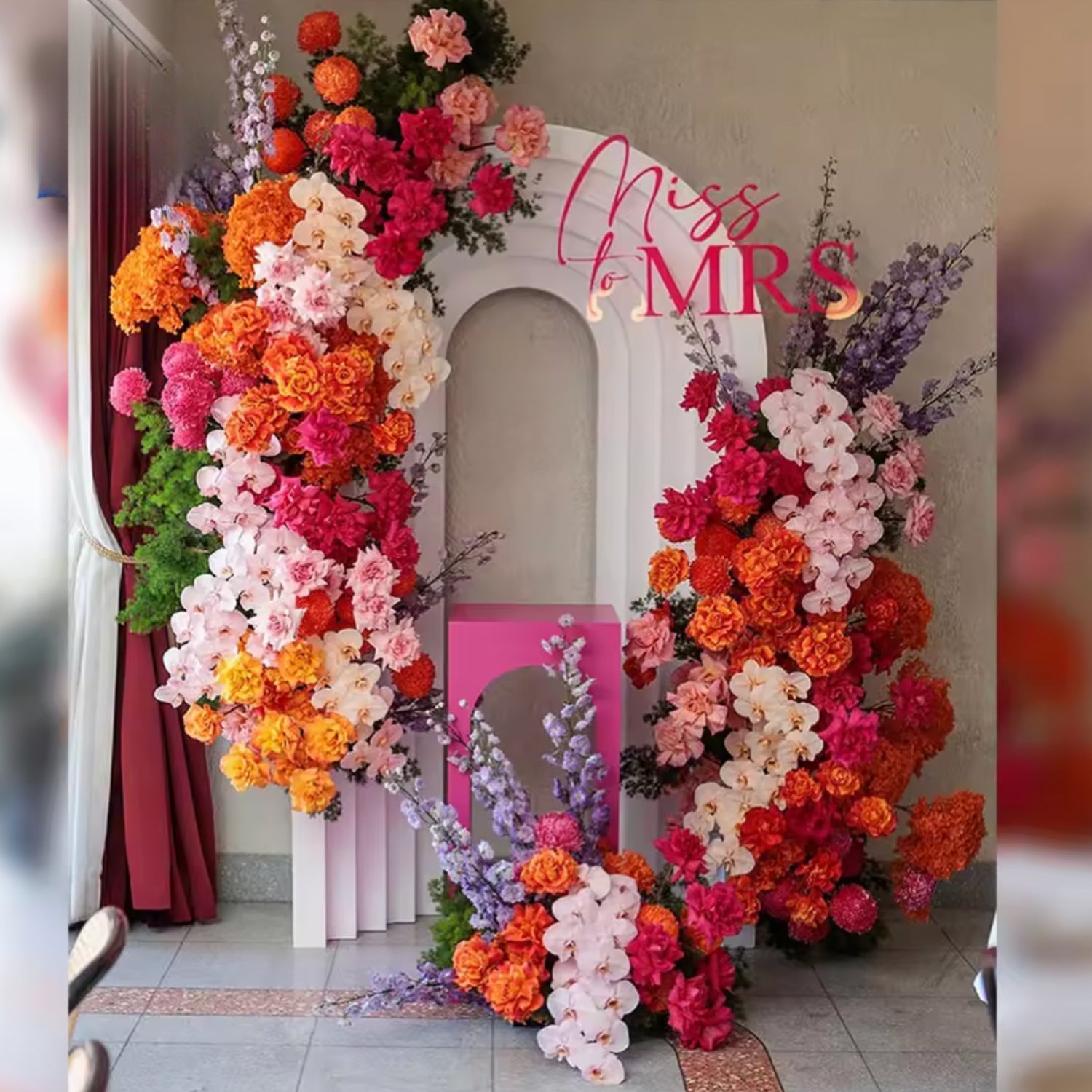 Pink, Orange, Red and Greenery Premium Floral Flower Arch - 4557