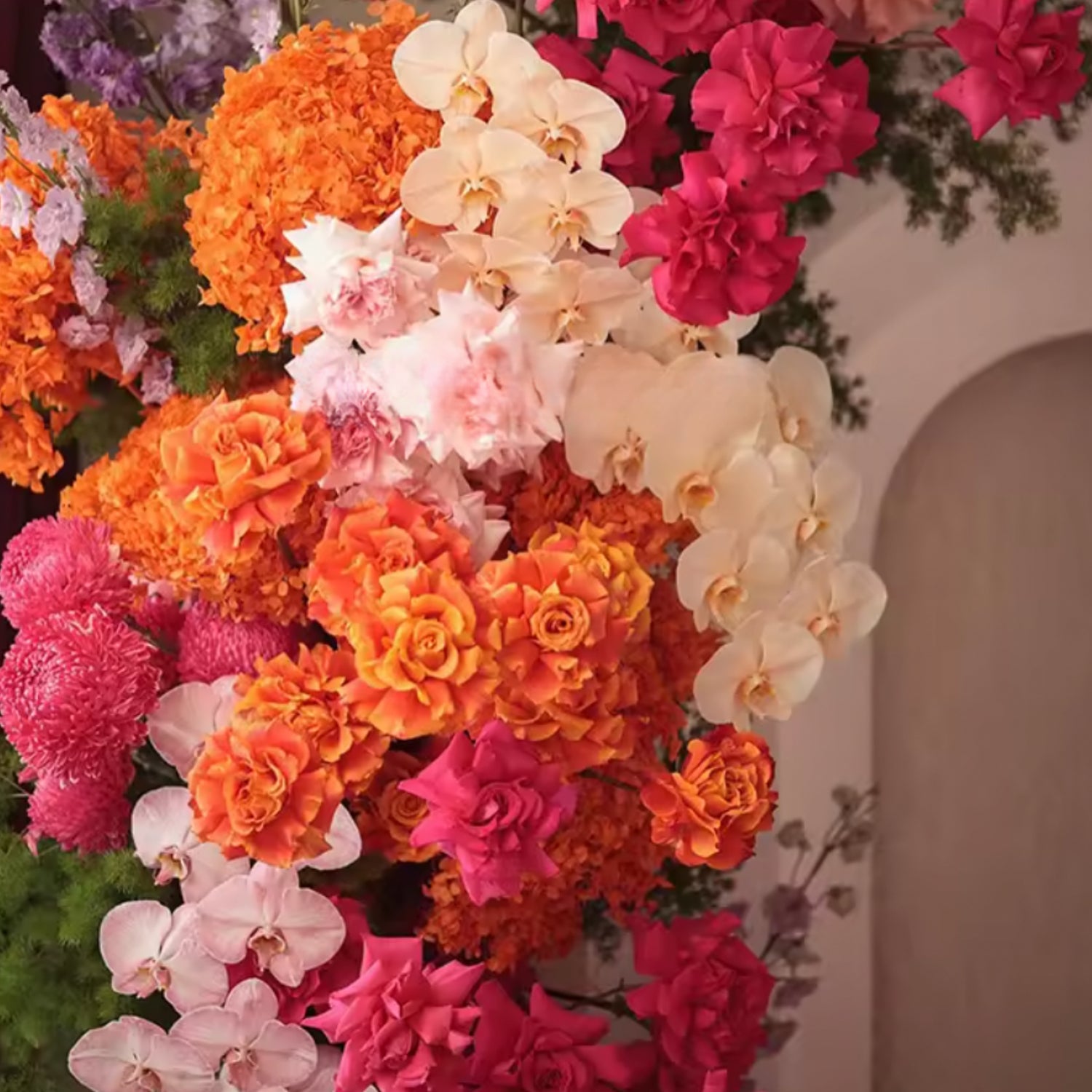 Pink, Orange, Red and Greenery Premium Floral Flower Arch - 4557