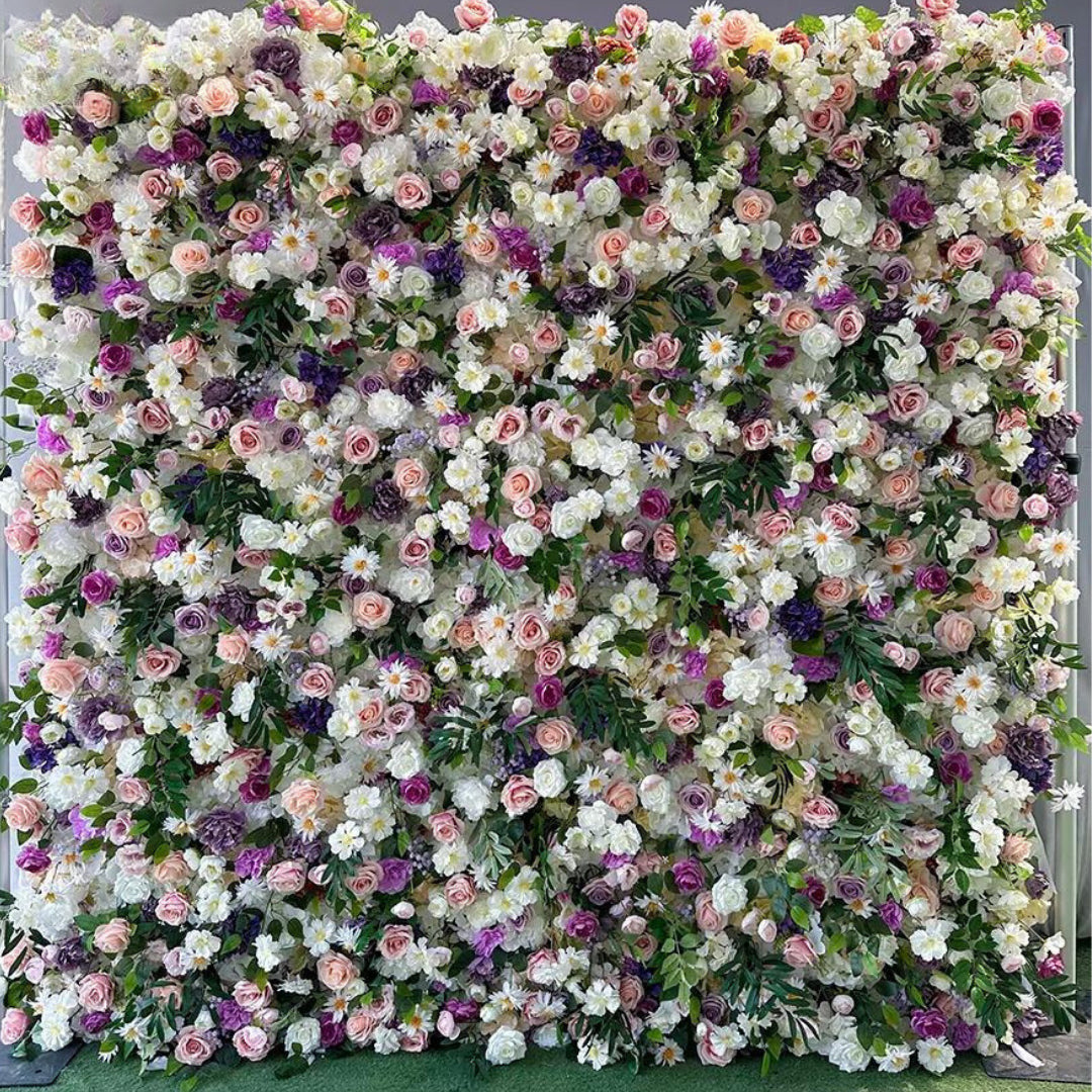 Purple, Pink and White Wild Rose Greenery Premium Flower Wall - 202
