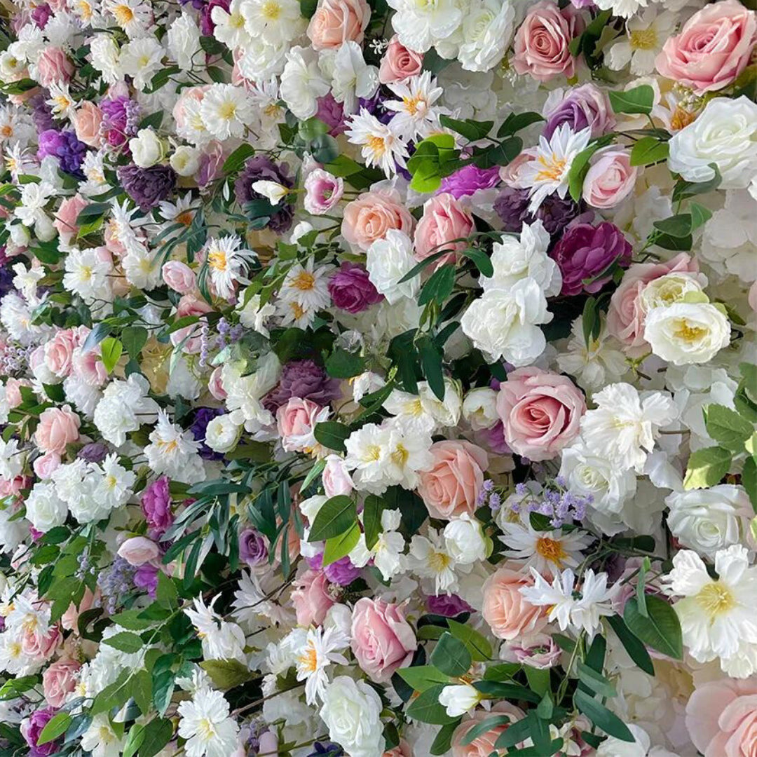 Purple, Pink and White Wild Rose Greenery Premium Flower Wall - 202