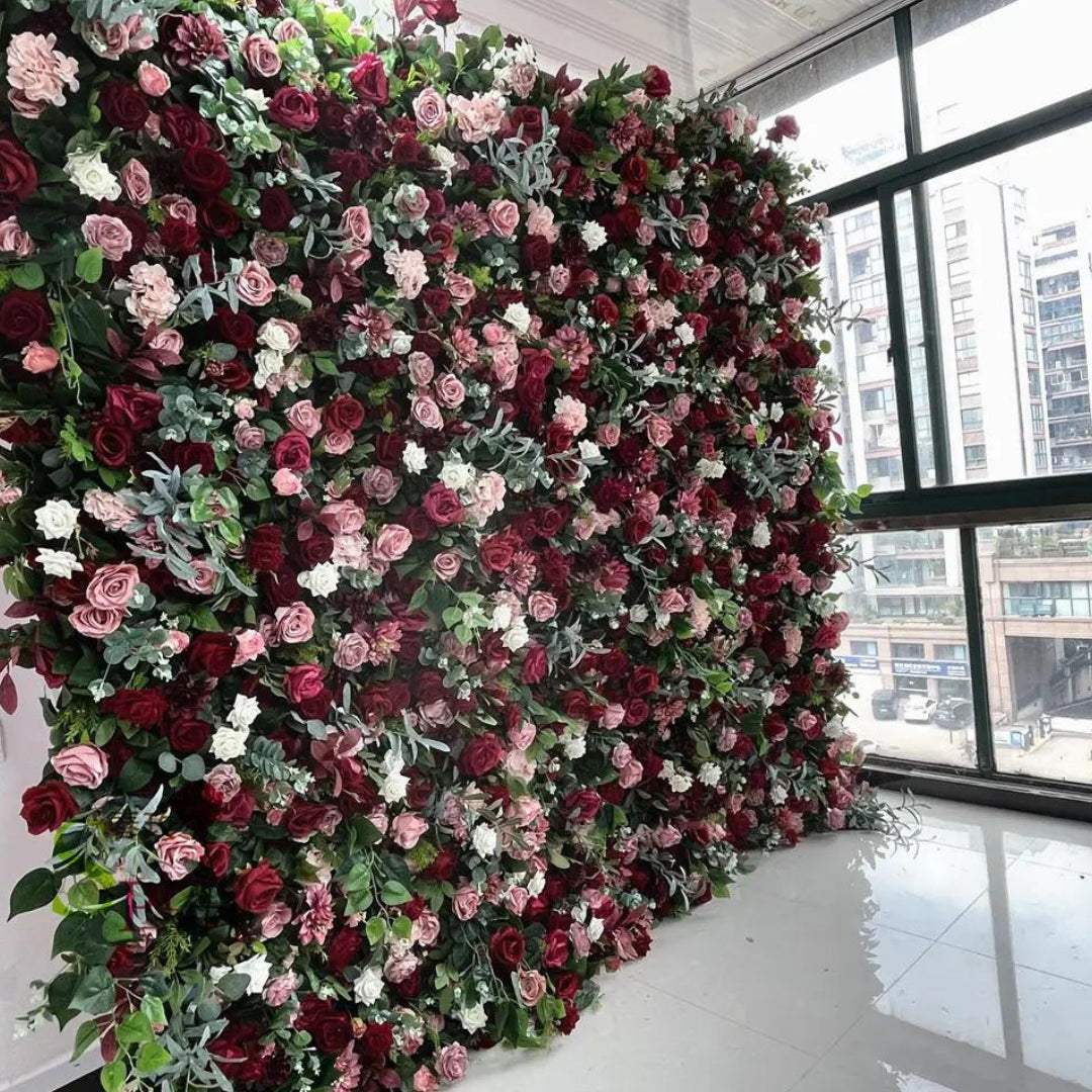 Deep Red, Pink and Greenery Premium Rose Flower Wall - 214