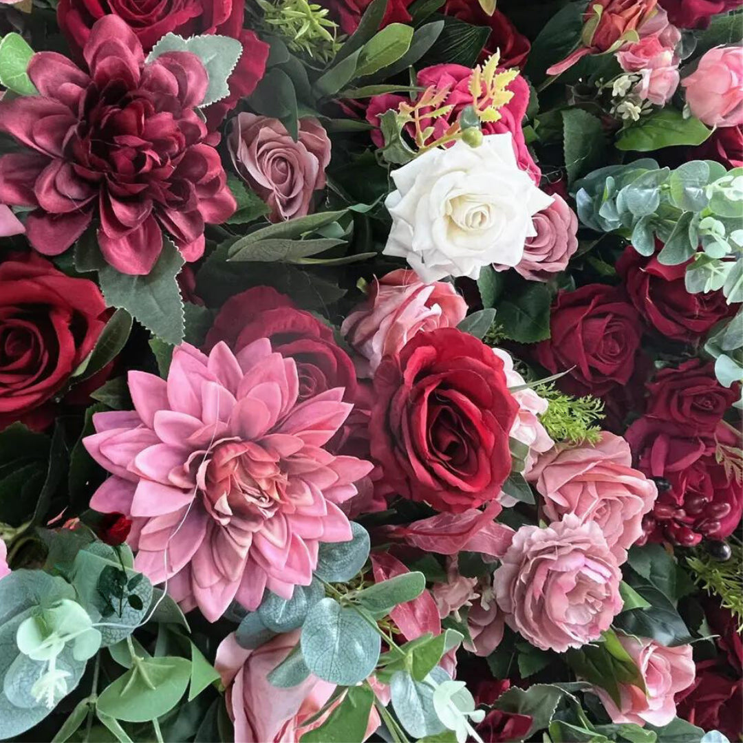 Deep Red, Pink and Greenery Premium Rose Flower Wall - 214