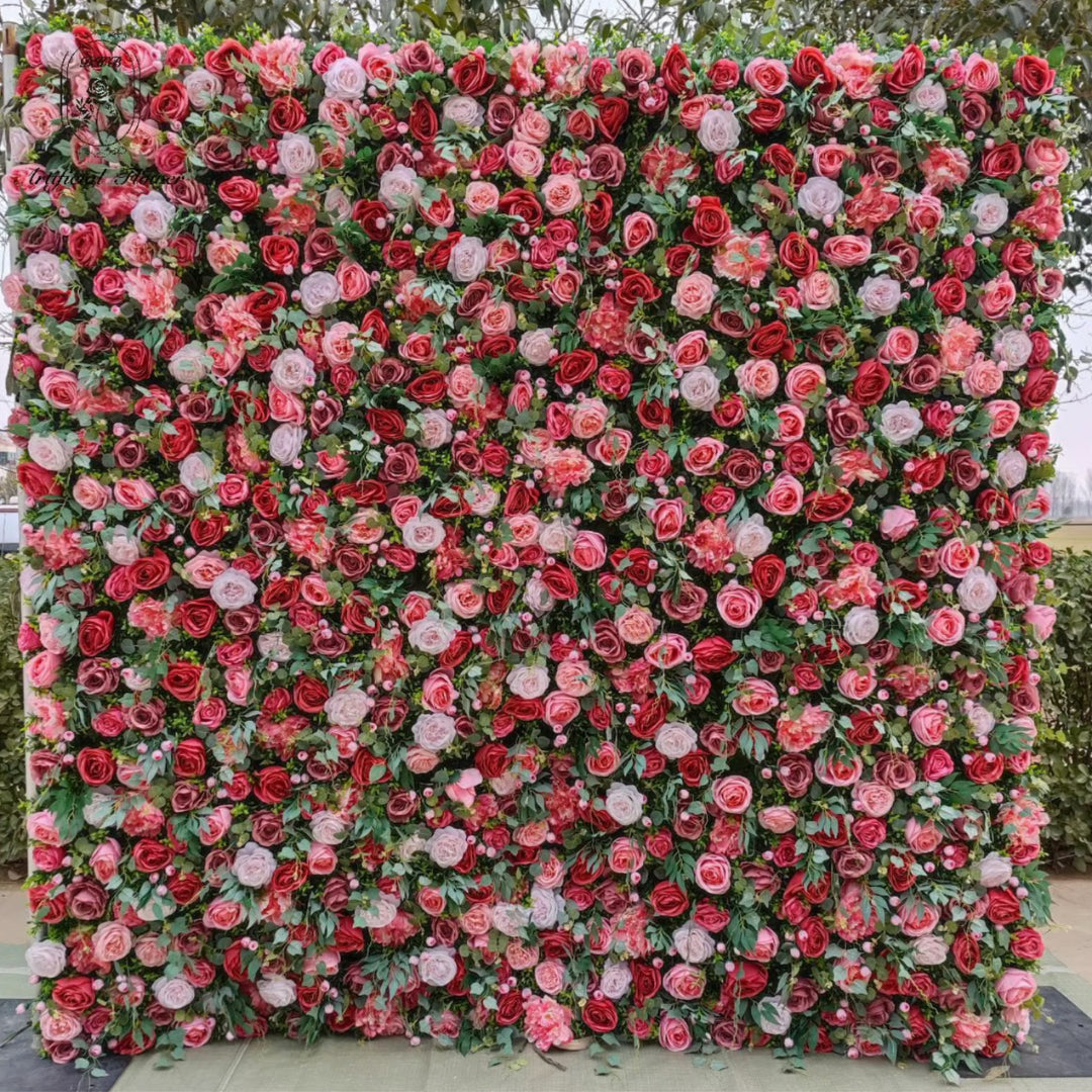 Red, Pink and Greenery Rose Premium Flower Wall - 031