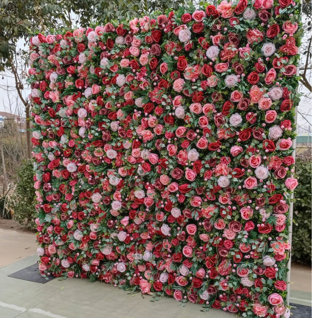 Red, Pink and Greenery Rose Premium Flower Wall - 031