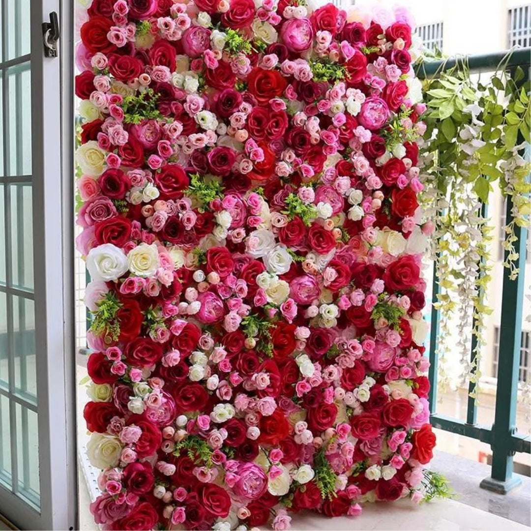 Pink, Red and White Wild Rose Greenery Premium Flower Wall - 205