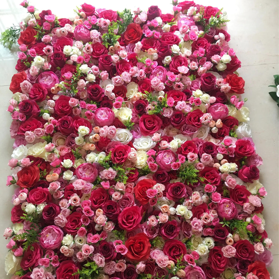 Pink, Red and White Wild Rose Greenery Premium Flower Wall - 205