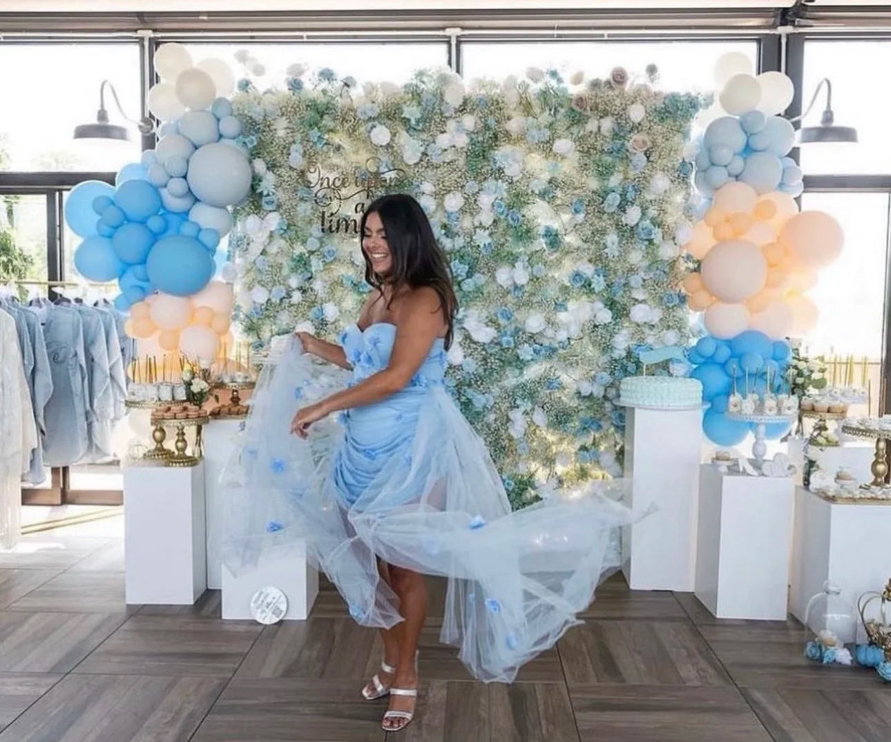 Babys Breath White and Blue Rose Flower Wall - 063