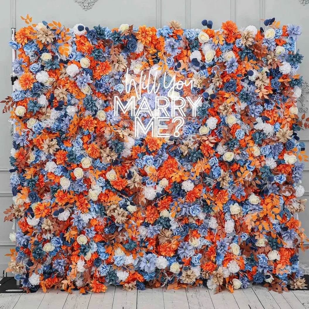 Orange, White & Blue Rose Premium Flower Wall - 155