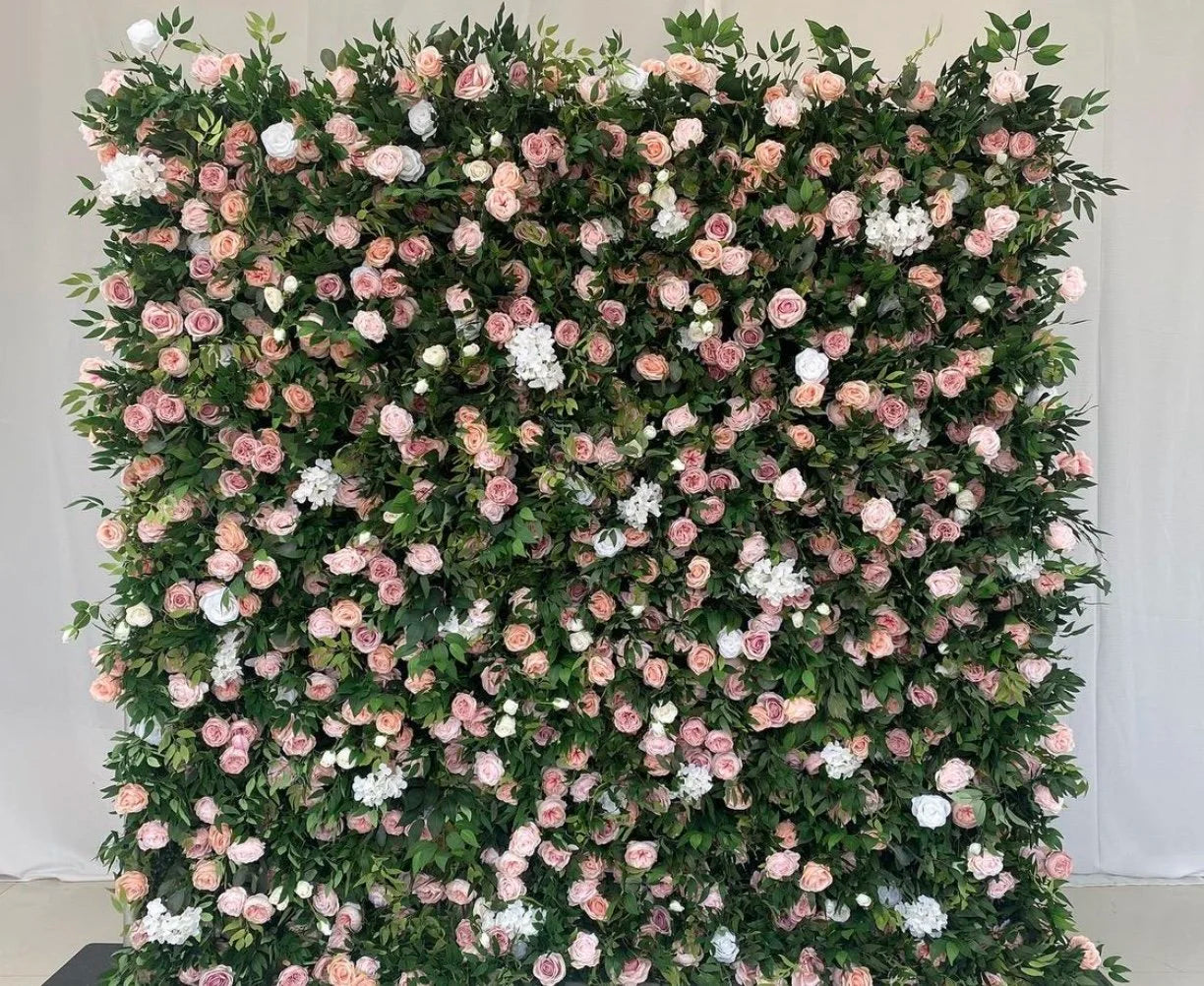 Pink, White and Greenery Rose Premium Flower Wall - 125