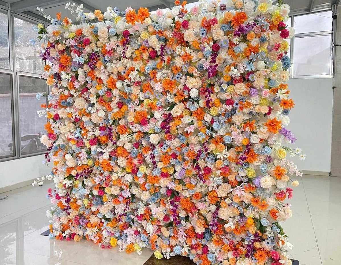 Blue, Orange & Cream Premium Flower Wall - 120