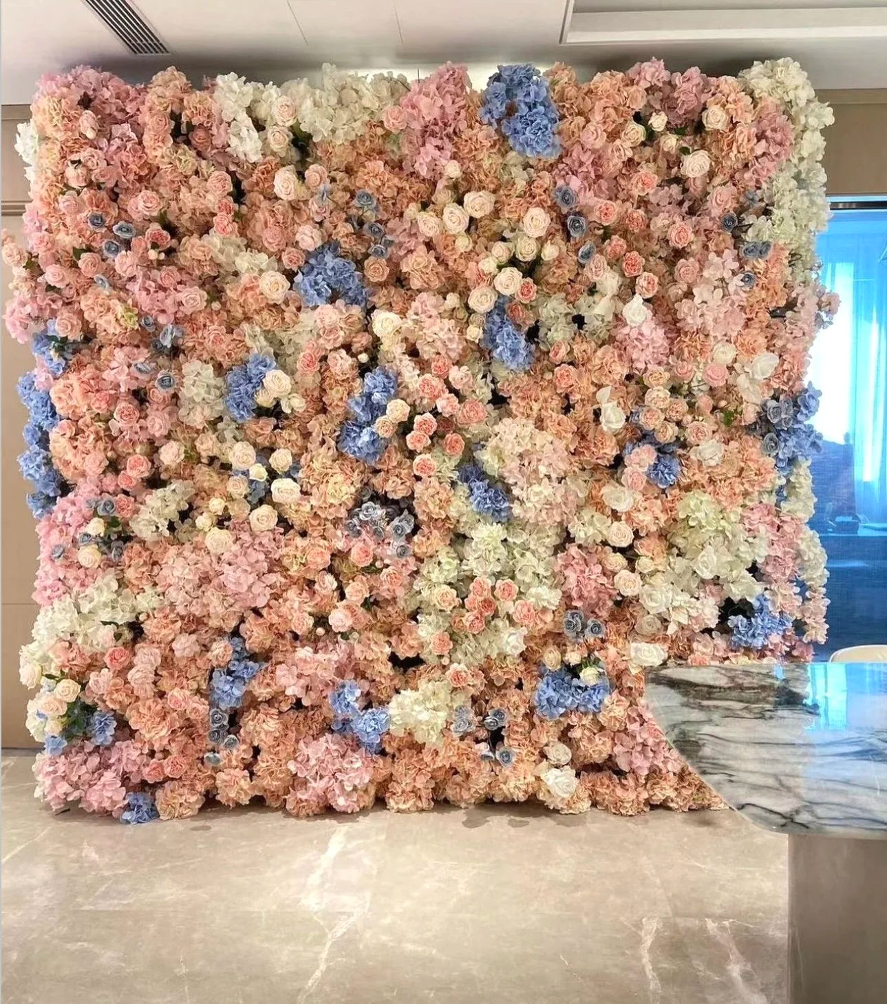 Blue, Cream & Blush Pink Premium Floral Flower Wall - 129