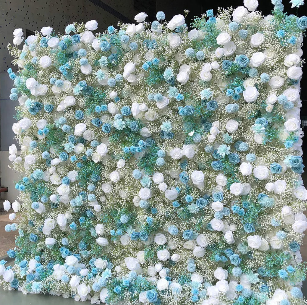 Babys Breath White and Blue Rose Flower Wall - 063