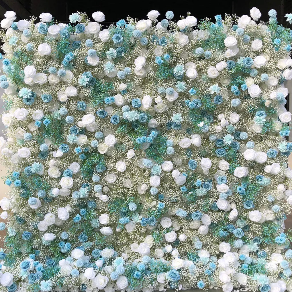 Babys Breath White and Blue Rose Flower Wall - 063
